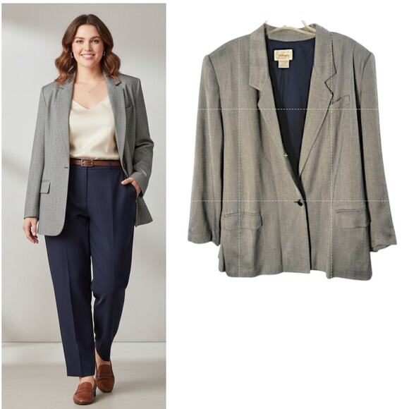 Worthington Blazer Wmn's Sz 22W Navy Herringbone Stripe One Button Career Jacket - Picture 1 of 12